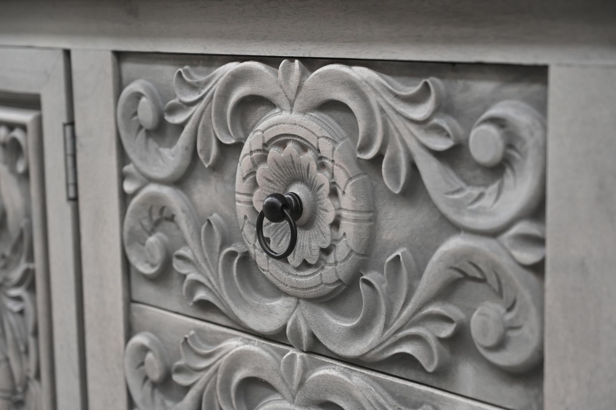 106" Gray Distressed Solid Wood Carved Floral Three Drawer Sideboard with Four Doors
