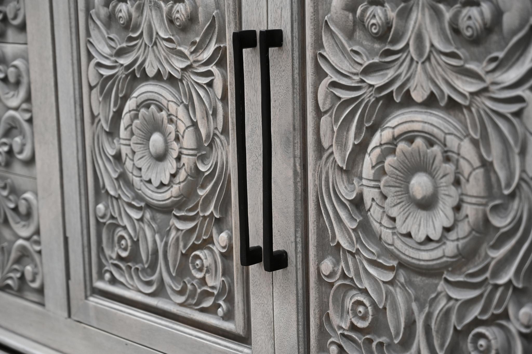 106" Gray Distressed Solid Wood Carved Floral Three Drawer Sideboard with Four Doors