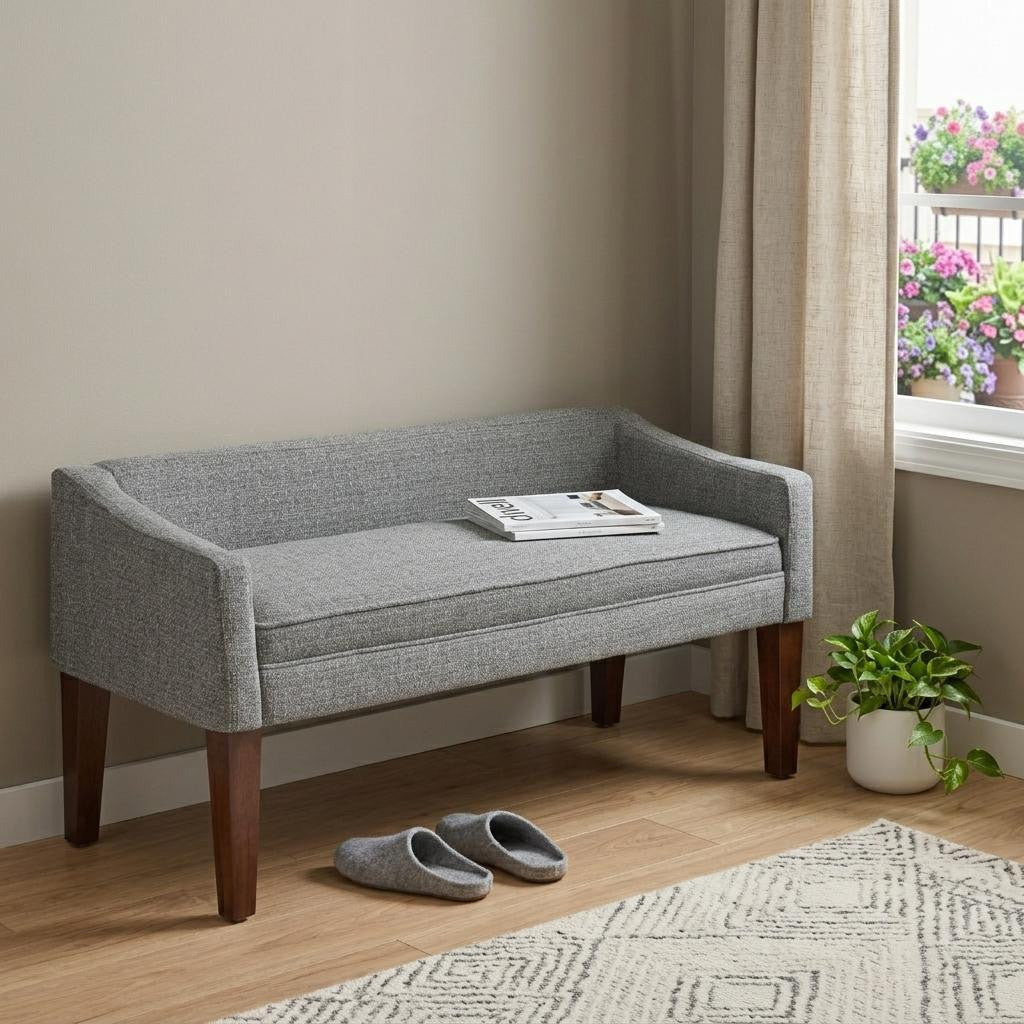 50" Gray and Brown Fabric and Wood Upholstered Bench