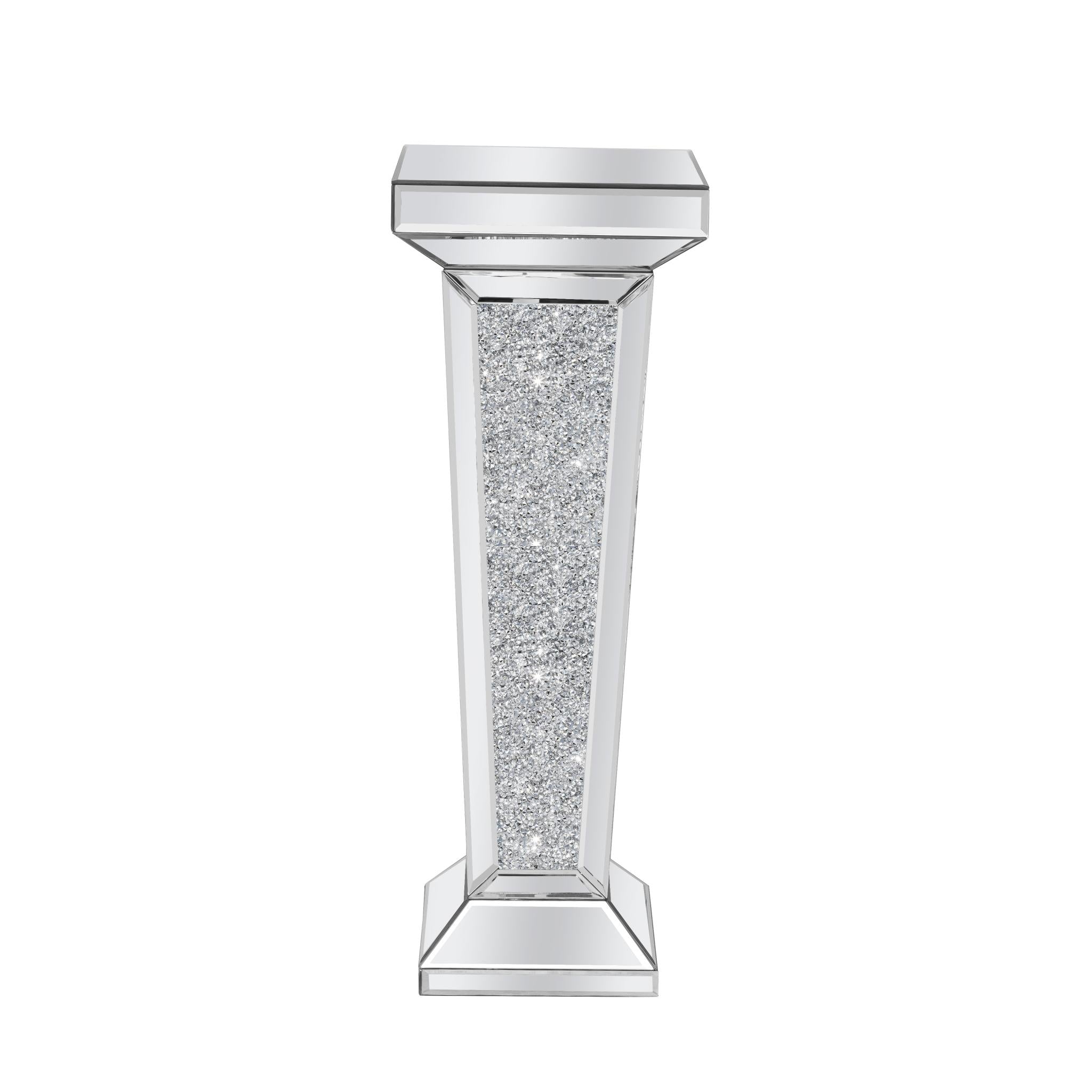 35" Silver Mirrored Glass And Faux Crystals Pedestal Accent Table