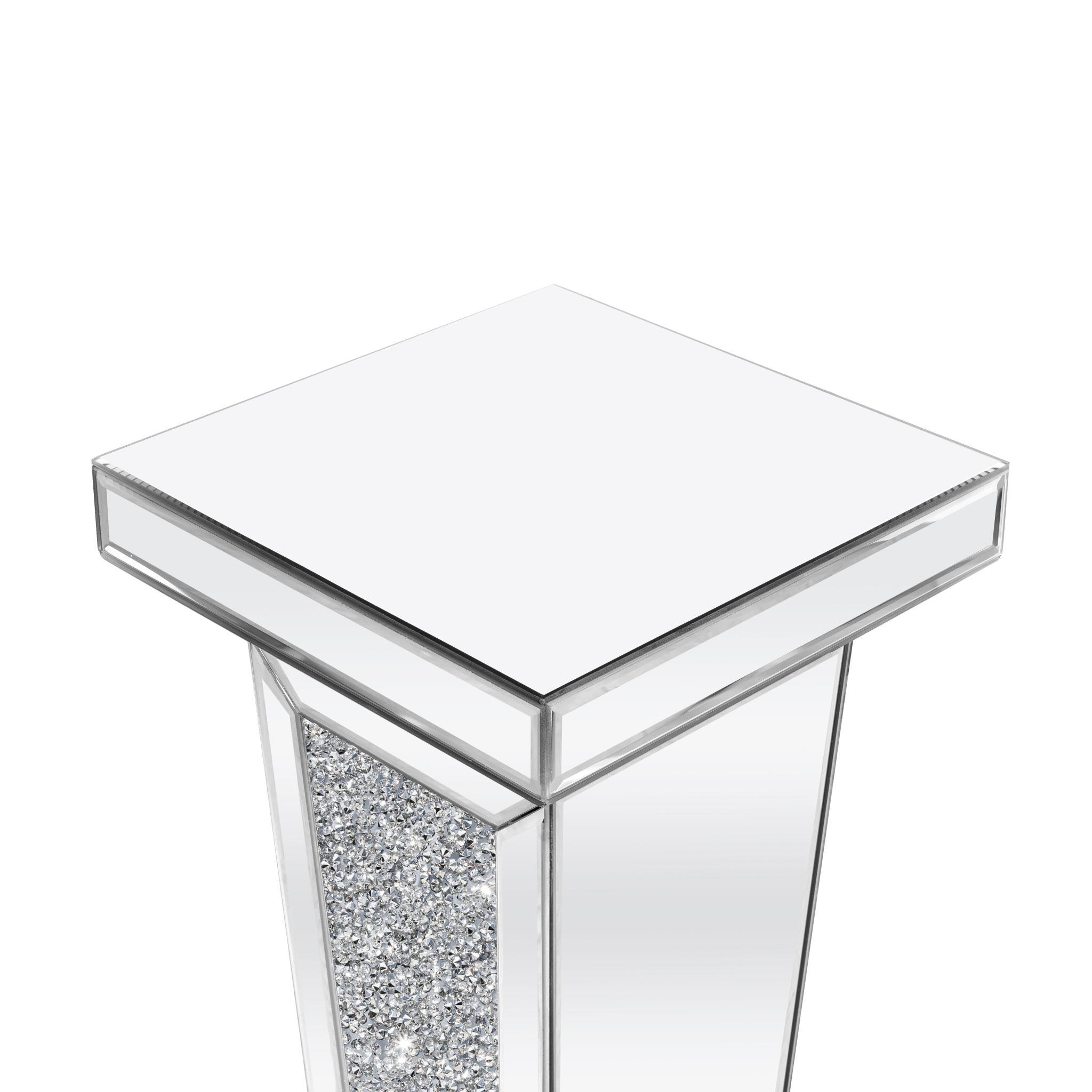 35" Silver Mirrored Glass And Faux Crystals Pedestal Accent Table