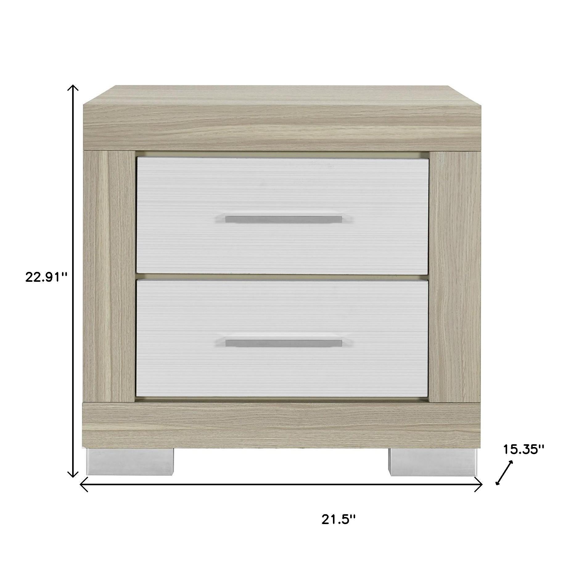 23" Natural And White Wood Square Two Drawer Nightstand