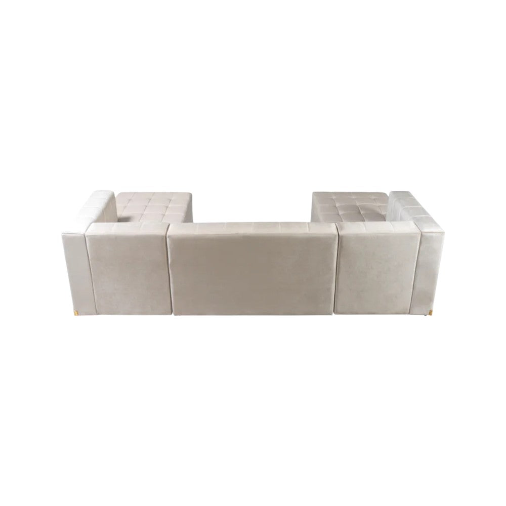 Ivory Velvet U Shaped Three Piece Sofa and Chaise Sectional With Toss Pillows