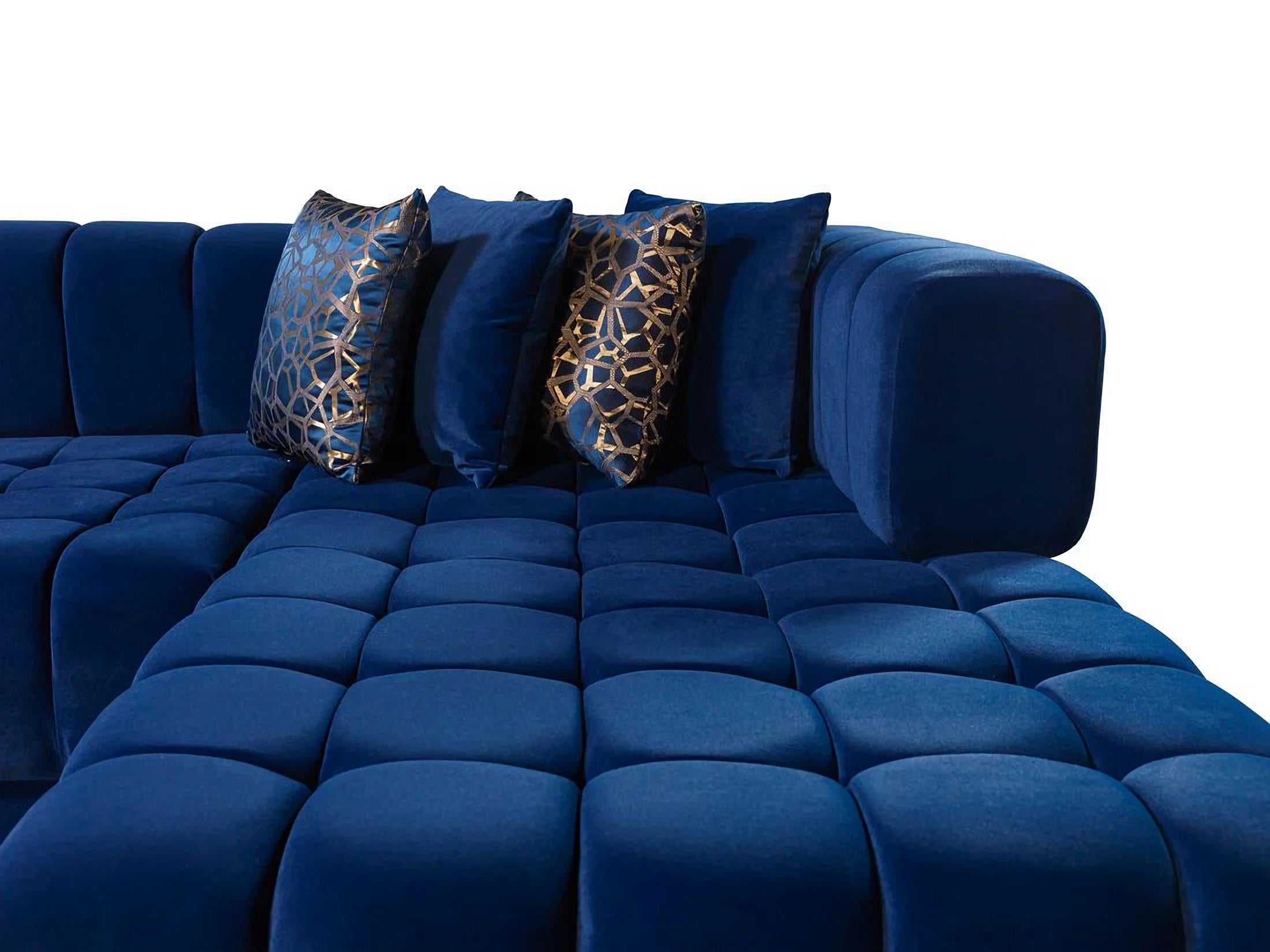 Blue Velvet U Shaped Three Piece Sofa and Chaise Sectional With Toss Pillows