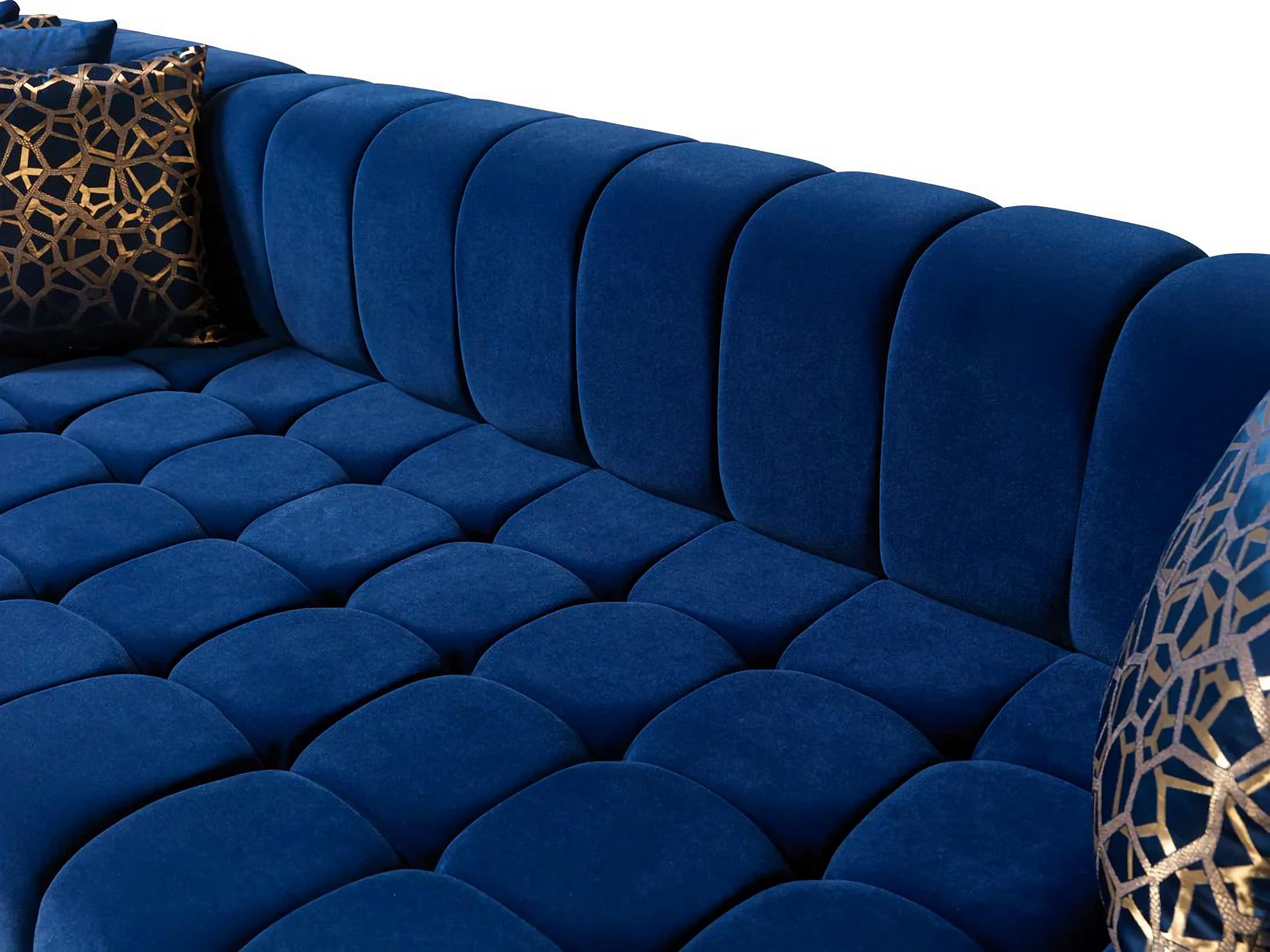 Blue Velvet U Shaped Three Piece Sofa and Chaise Sectional With Toss Pillows
