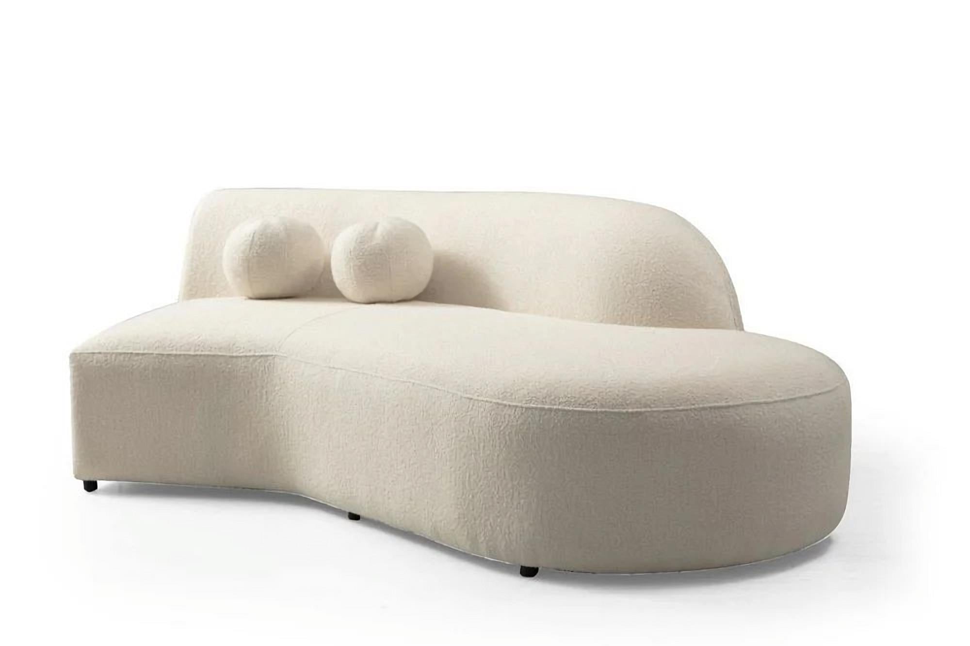 Ivory Boucle Modular Curved Two Piece Sofa and Chaise Sectional With Toss Pillows