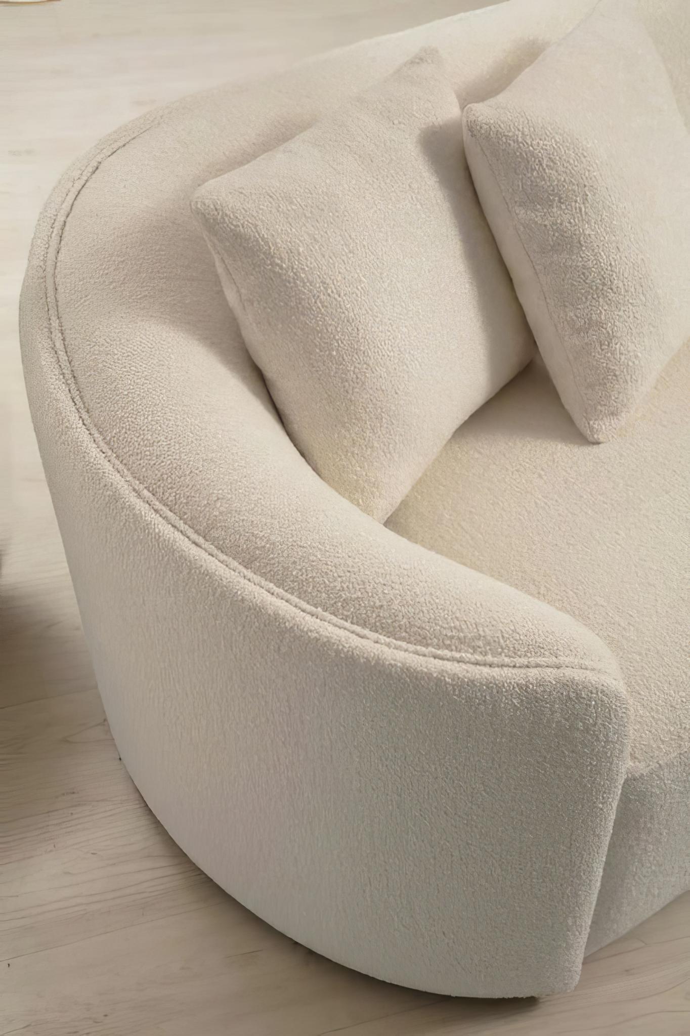 Ivory Boucle Modular Curved Two Piece Sofa and Chaise Sectional With Toss Pillows