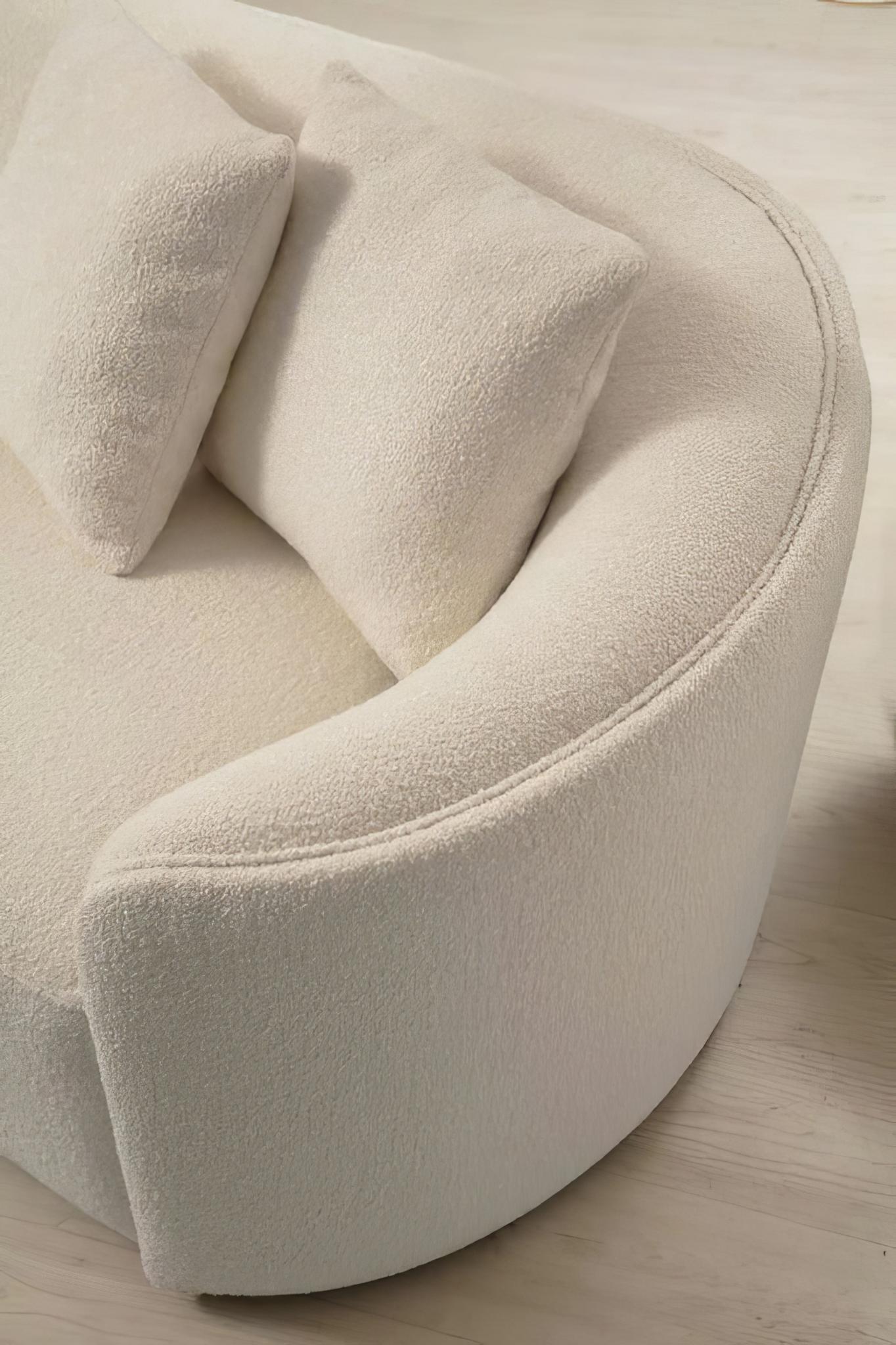 Ivory Boucle Modular Curved Two Piece Sofa and Chaise Sectional With Toss Pillows