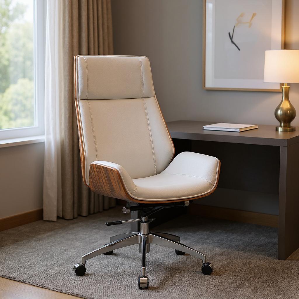 White Rosewood and Silver Adjustable Height Swivel Rolling Executive Office Chair