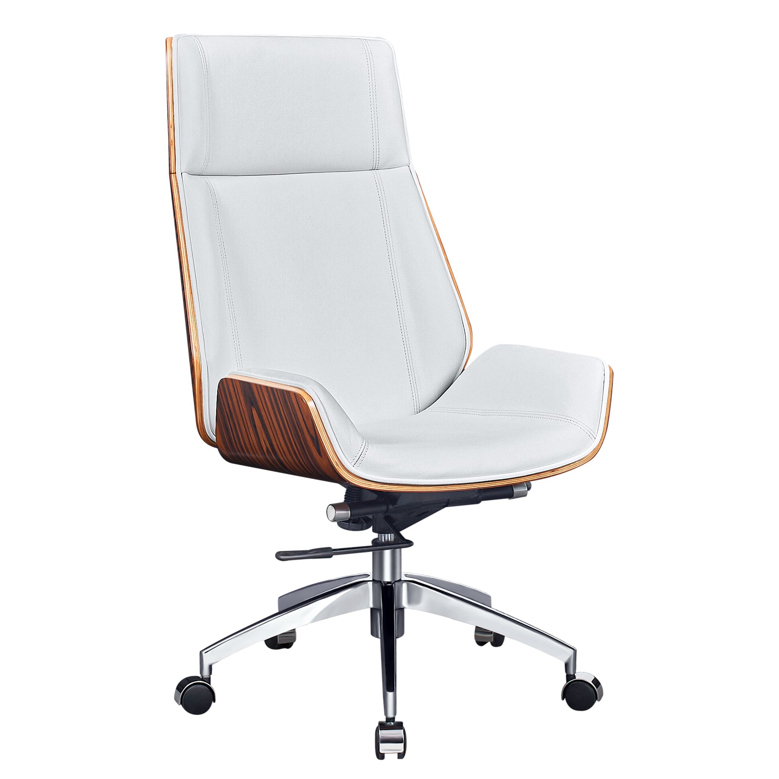 White Rosewood and Silver Adjustable Height Swivel Rolling Executive Office Chair