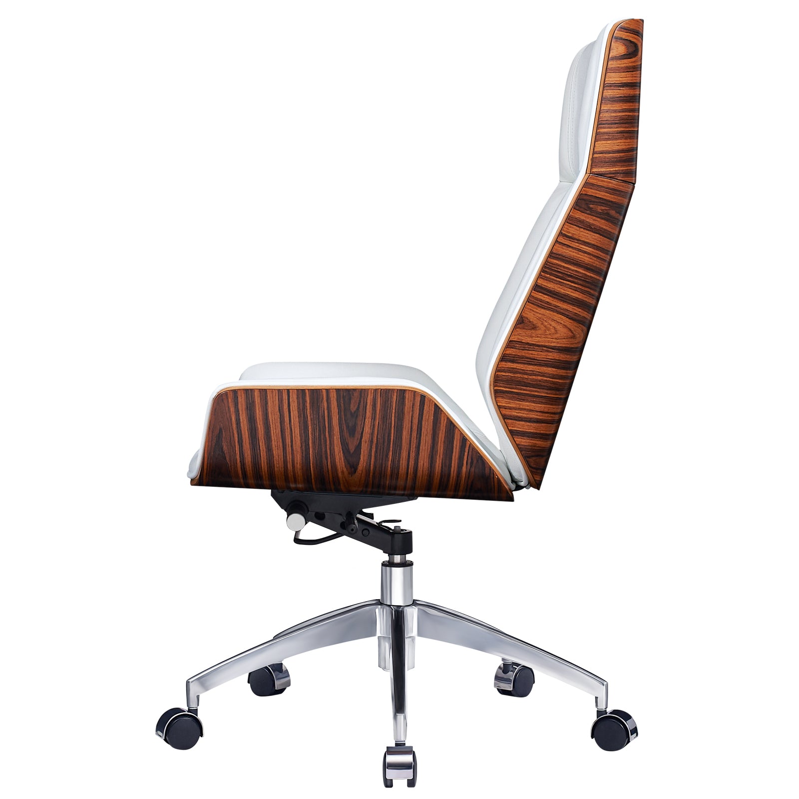 White Rosewood and Silver Adjustable Height Swivel Rolling Executive Office Chair