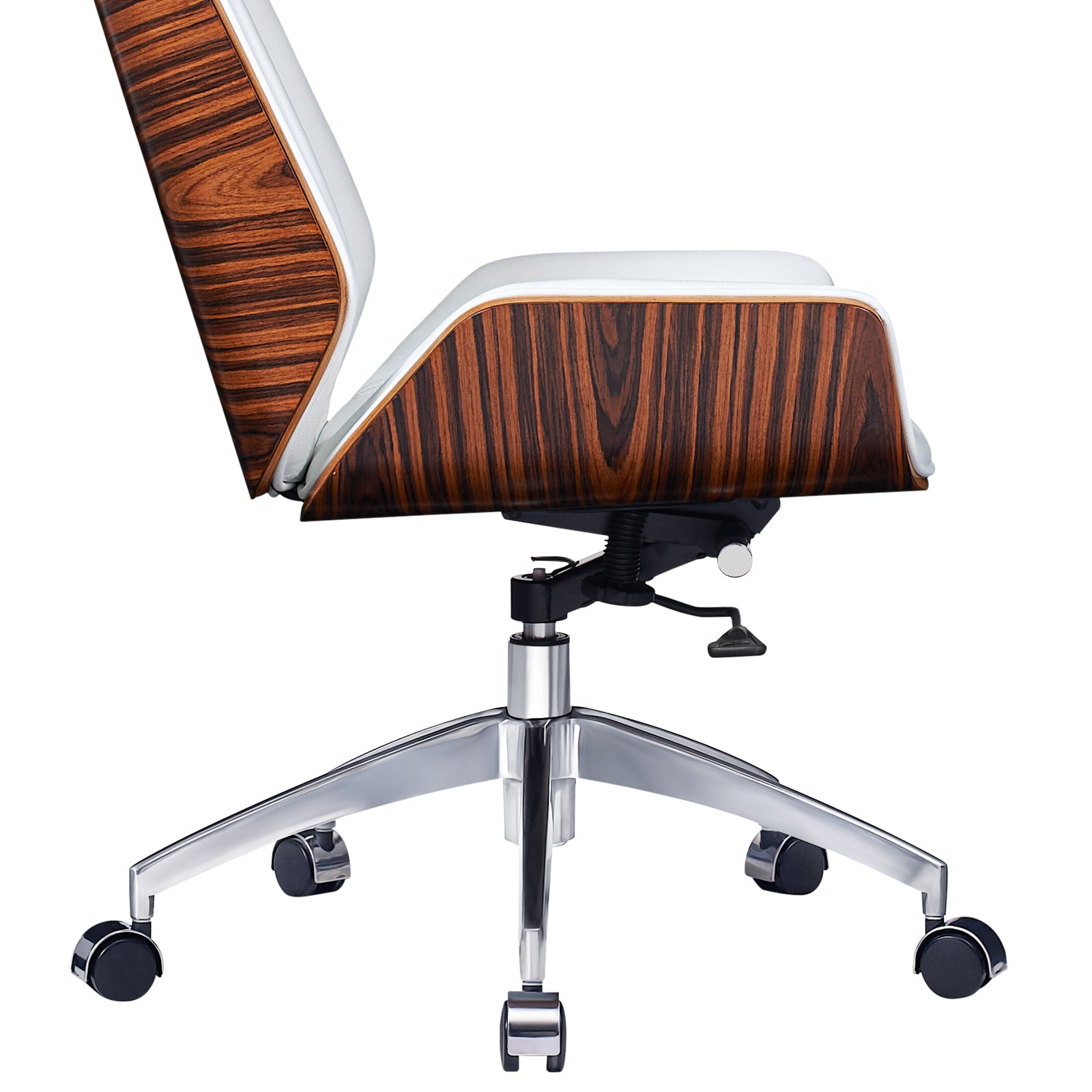 White Rosewood and Silver Adjustable Height Swivel Rolling Executive Office Chair