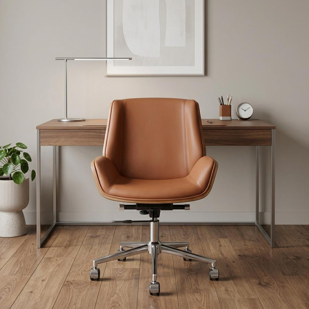 Brown Rosewood and Silver Adjustable Height Swivel Rolling Conference Office Chair