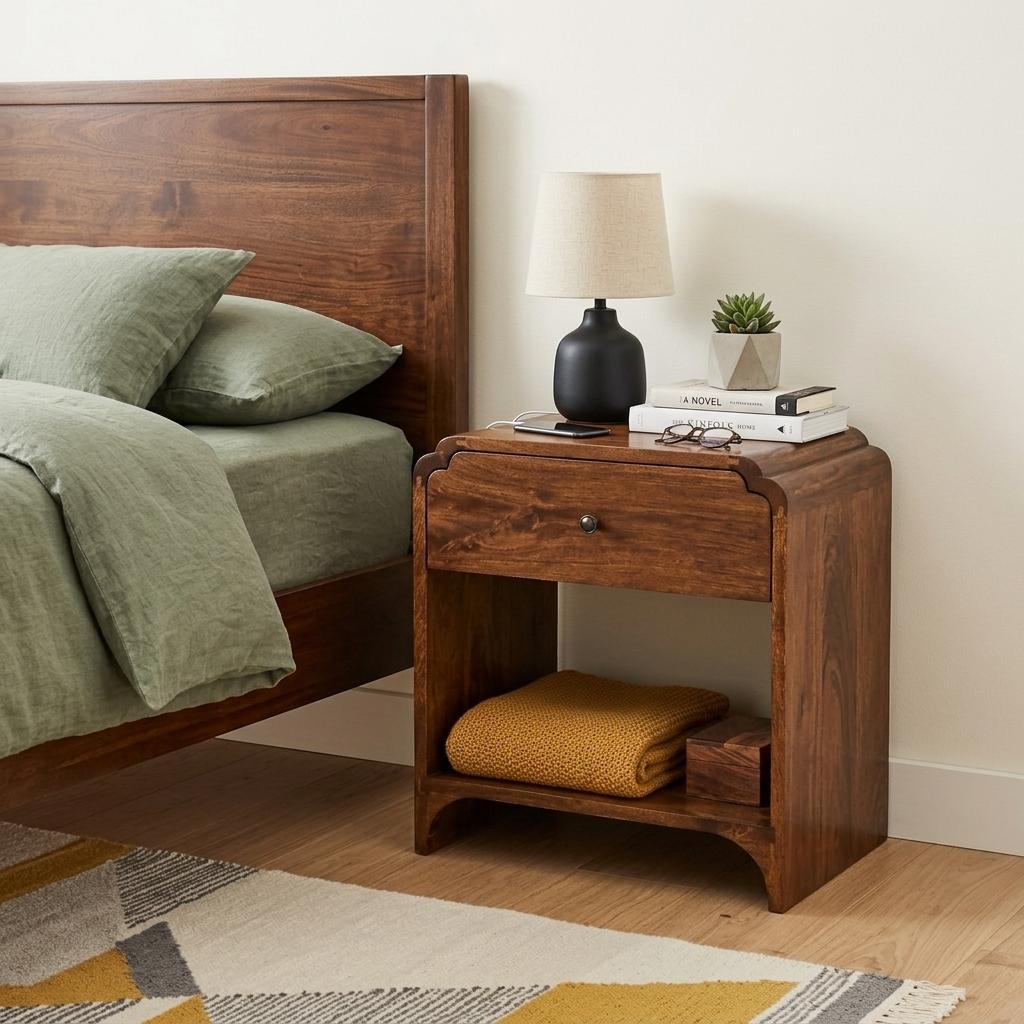 20" Brown Solid Wood Scalloped Edge One Drawer Nightstand