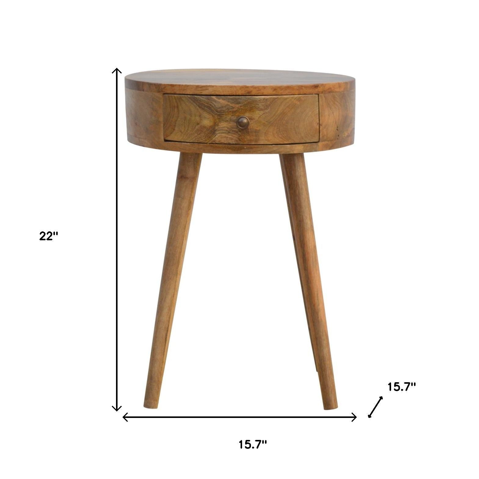 22" Natural Solid Wood Round One Drawer Nightstand