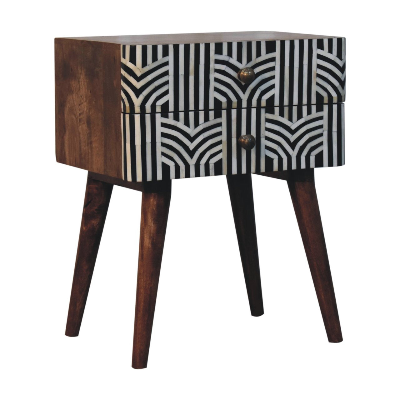 23" Black White And Brown Solid Wood Geometric Bone Inlay Two Drawer Nightstand