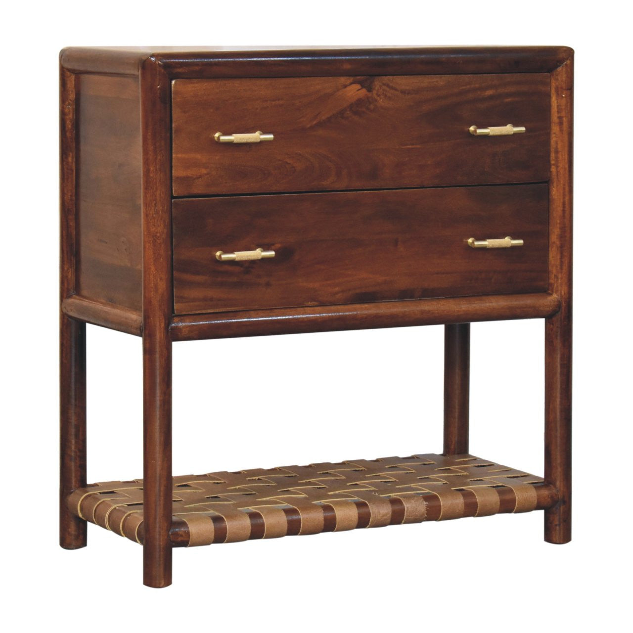 32" Brown Solid Wood Two Drawer Nightstand With Leather Shelf