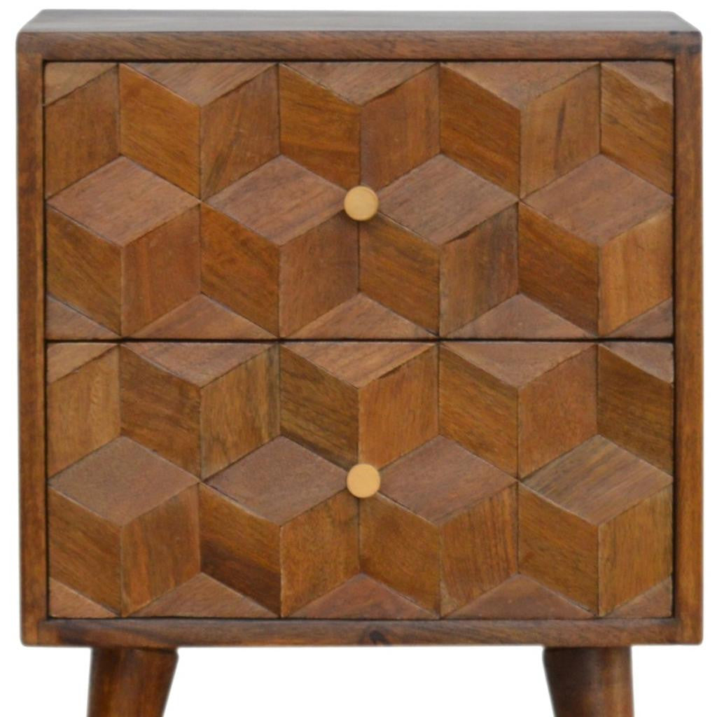 22" Chestnut Solid Wood Carved Geometric Two Drawer Nightstand