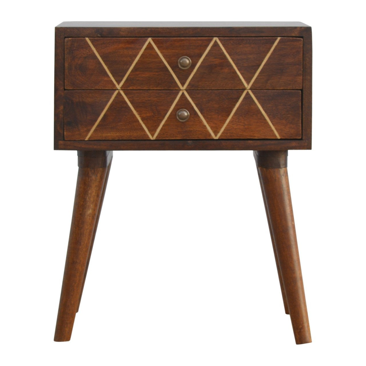 22" Chestnut Solid Wood Geometric Brass Inlay Two Drawer Nightstand