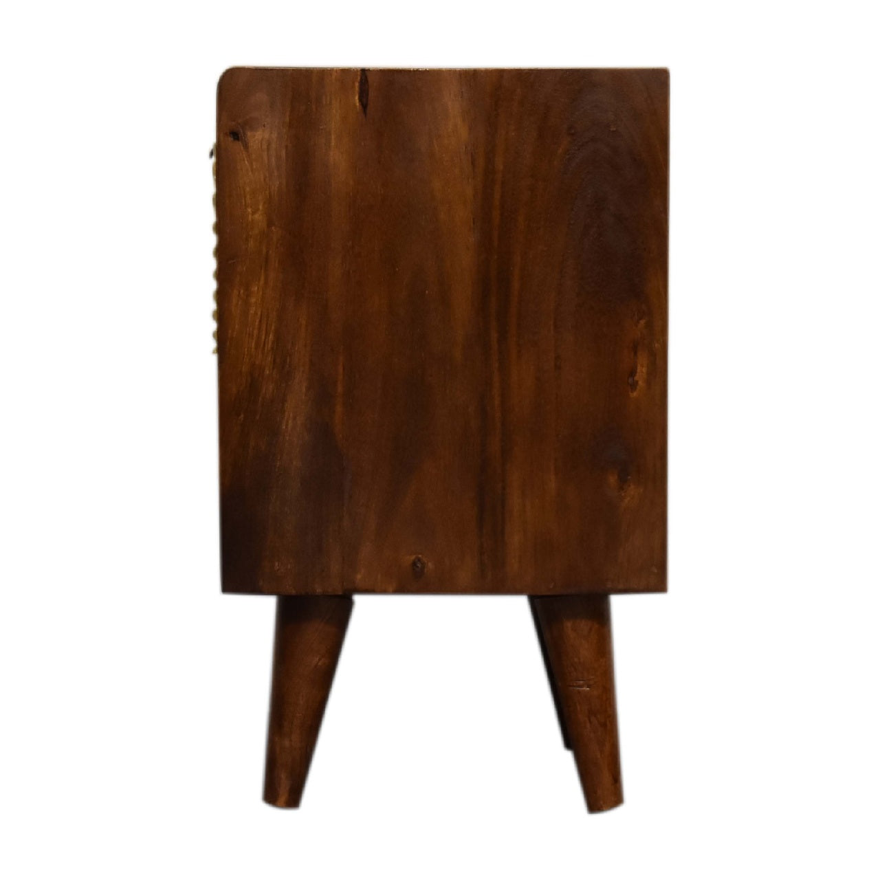 20" Chestnut And Gold Solid Wood Carved Geometric One Drawer Nightstand