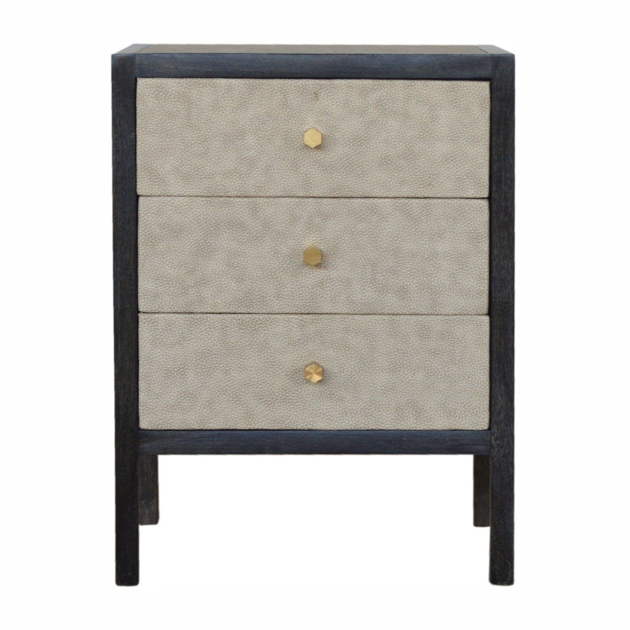 24" Gray And Black Solid Wood And Faux Shagreen Three Drawer Nightstand