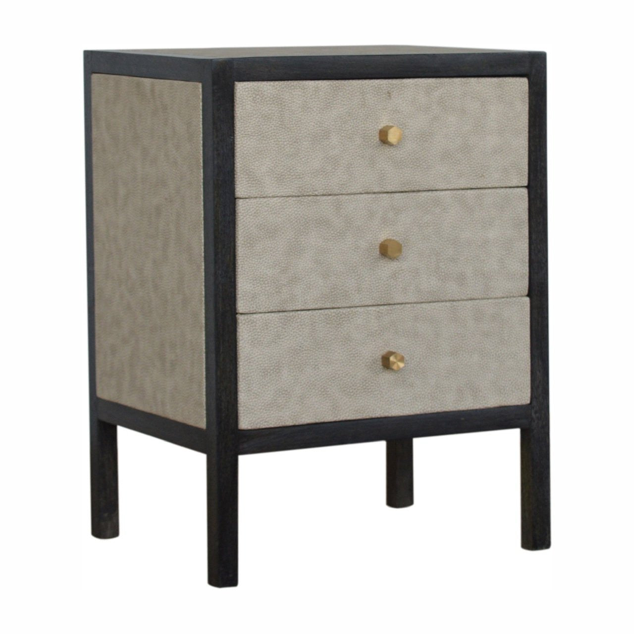 24" Gray And Black Solid Wood And Faux Shagreen Three Drawer Nightstand