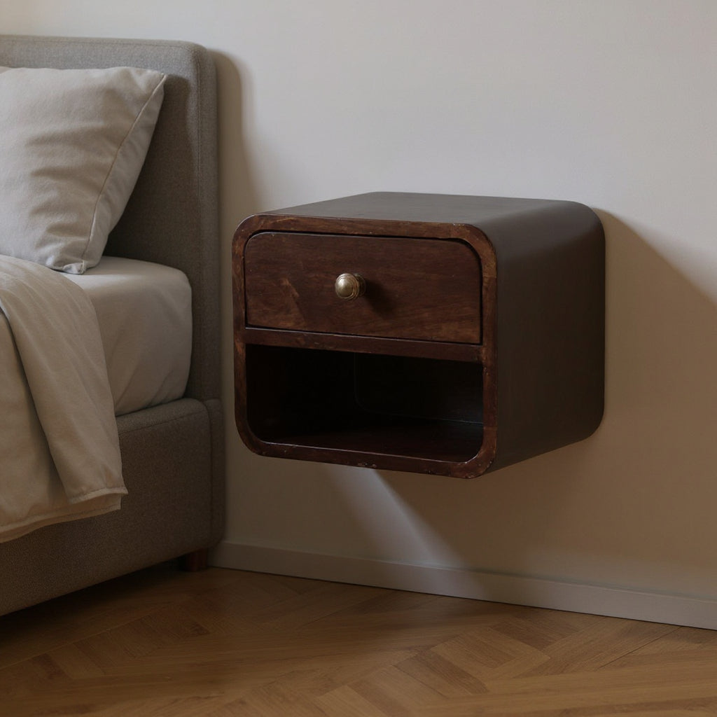 12" Dark Brown Solid Wood Square One Drawer Floating Nightstand