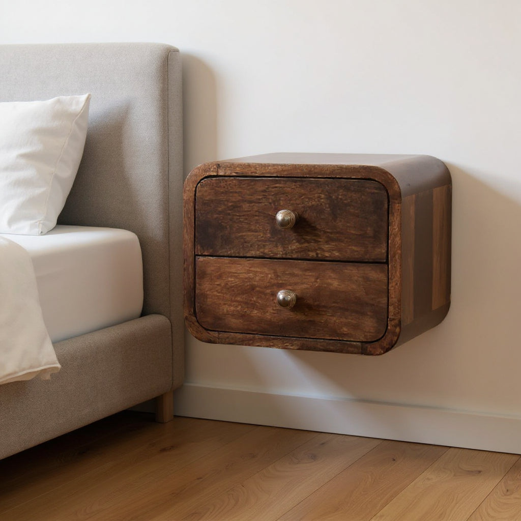 12" Walnut Solid Wood Square Two Drawer Floating Nightstand