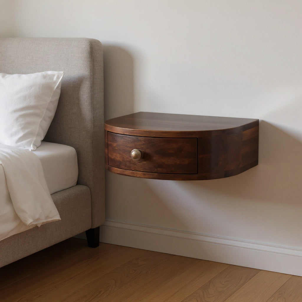 16" Walnut Solid Wood One Drawer Half Moon Floating Nightstand
