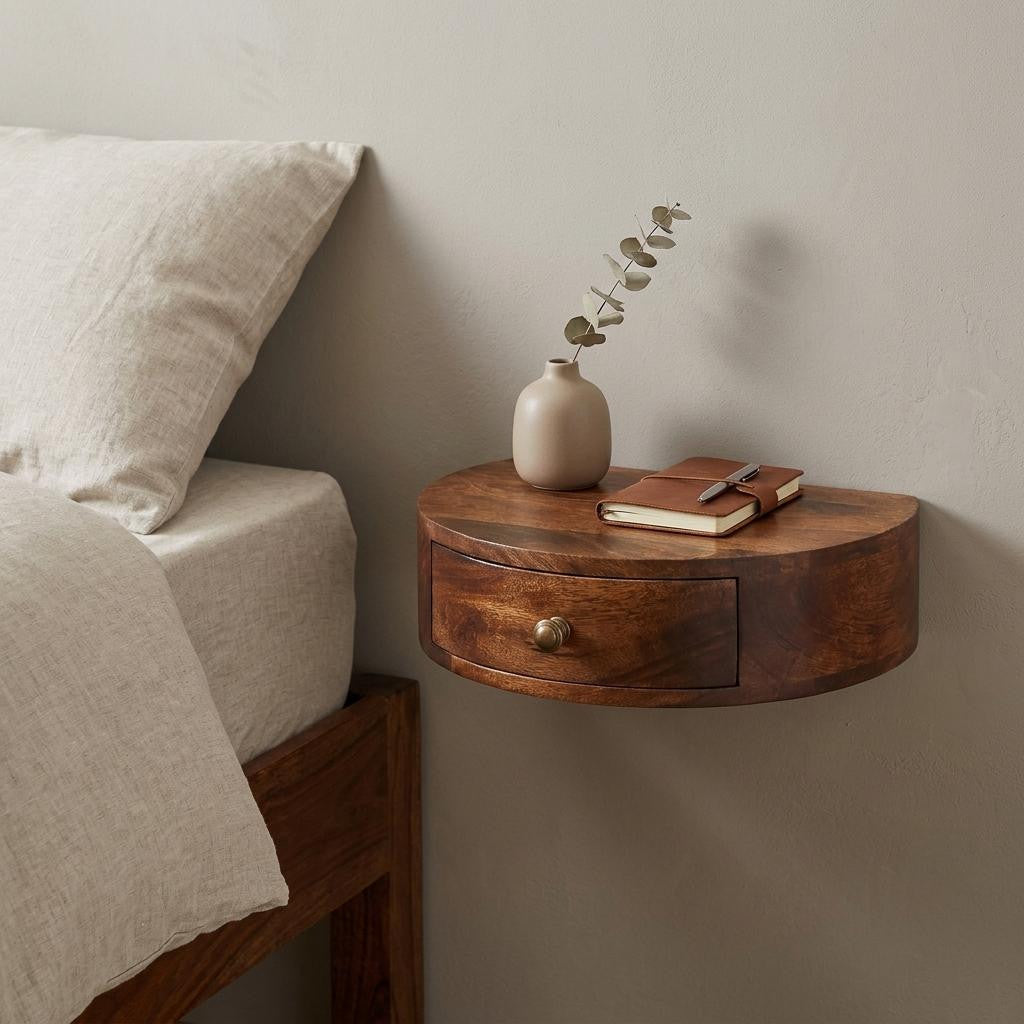 16" Brown Solid Wood One Drawer Half Moon Floating Nightstand