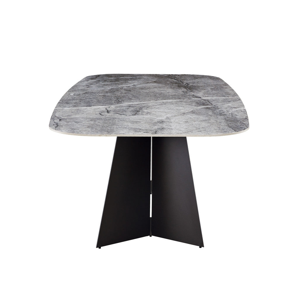 94" Gray and Black Faux Marble Ceramic and Steel Double Pedestal Base Dining Table