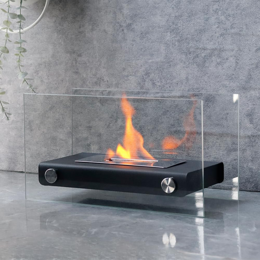 8000 BTU 14" Black And Silver Glass And Stainless Steel Bio-ethanol fuel Portable Rectangular Fire Pit