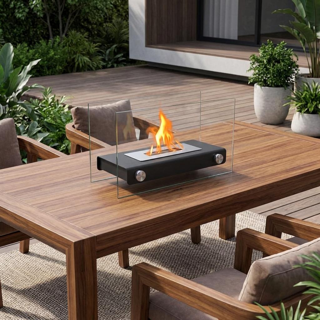 8000 BTU 14" Black And Silver Glass And Stainless Steel Bio-ethanol fuel Portable Rectangular Fire Pit
