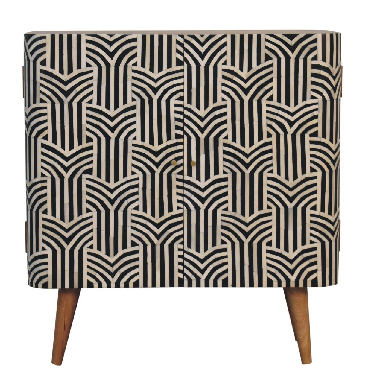 32" Dark Brown Black and White Solid Wood And Inlaid Bone Textured Accent Cabinet With Two Doors