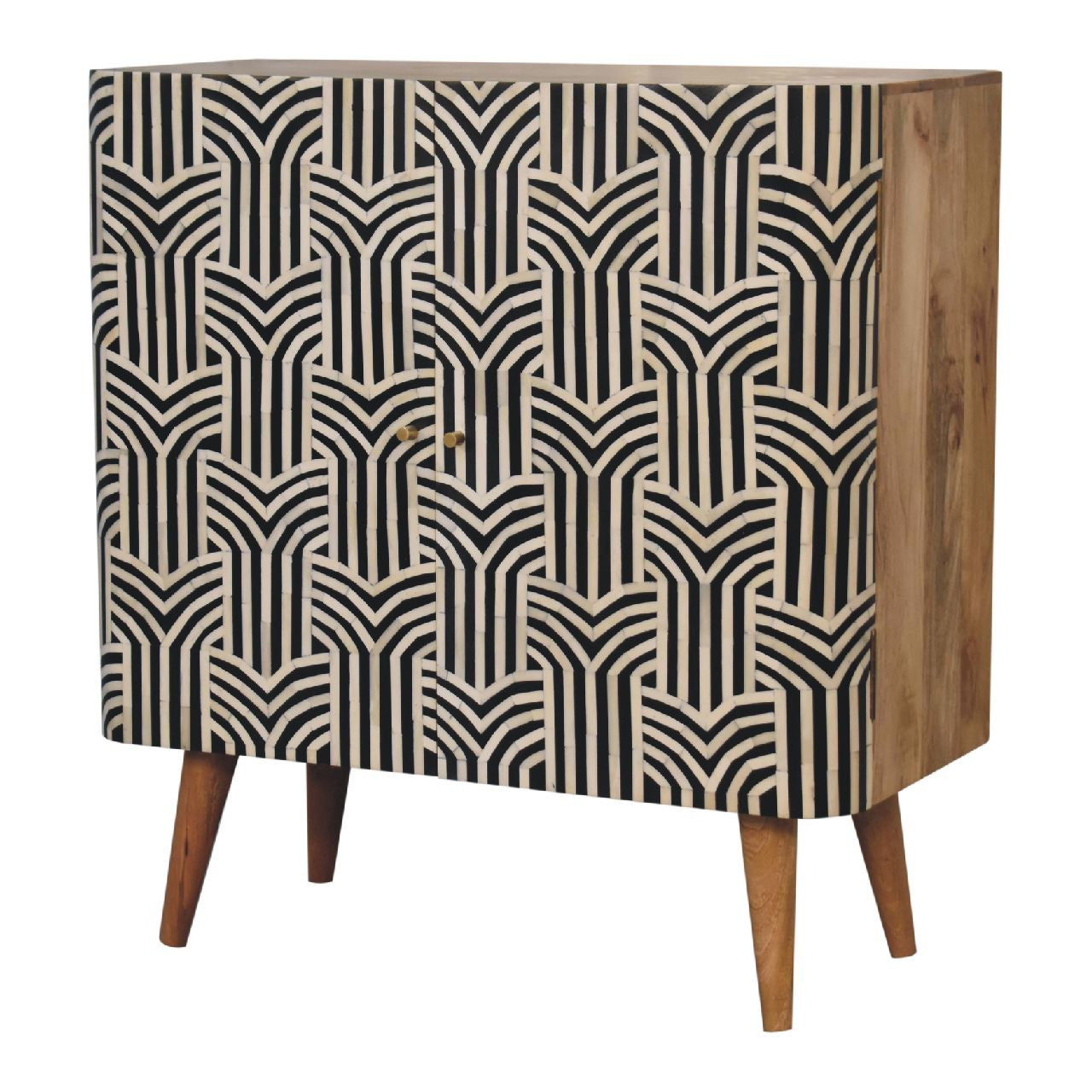 32" Dark Brown Black and White Solid Wood And Inlaid Bone Textured Accent Cabinet With Two Doors