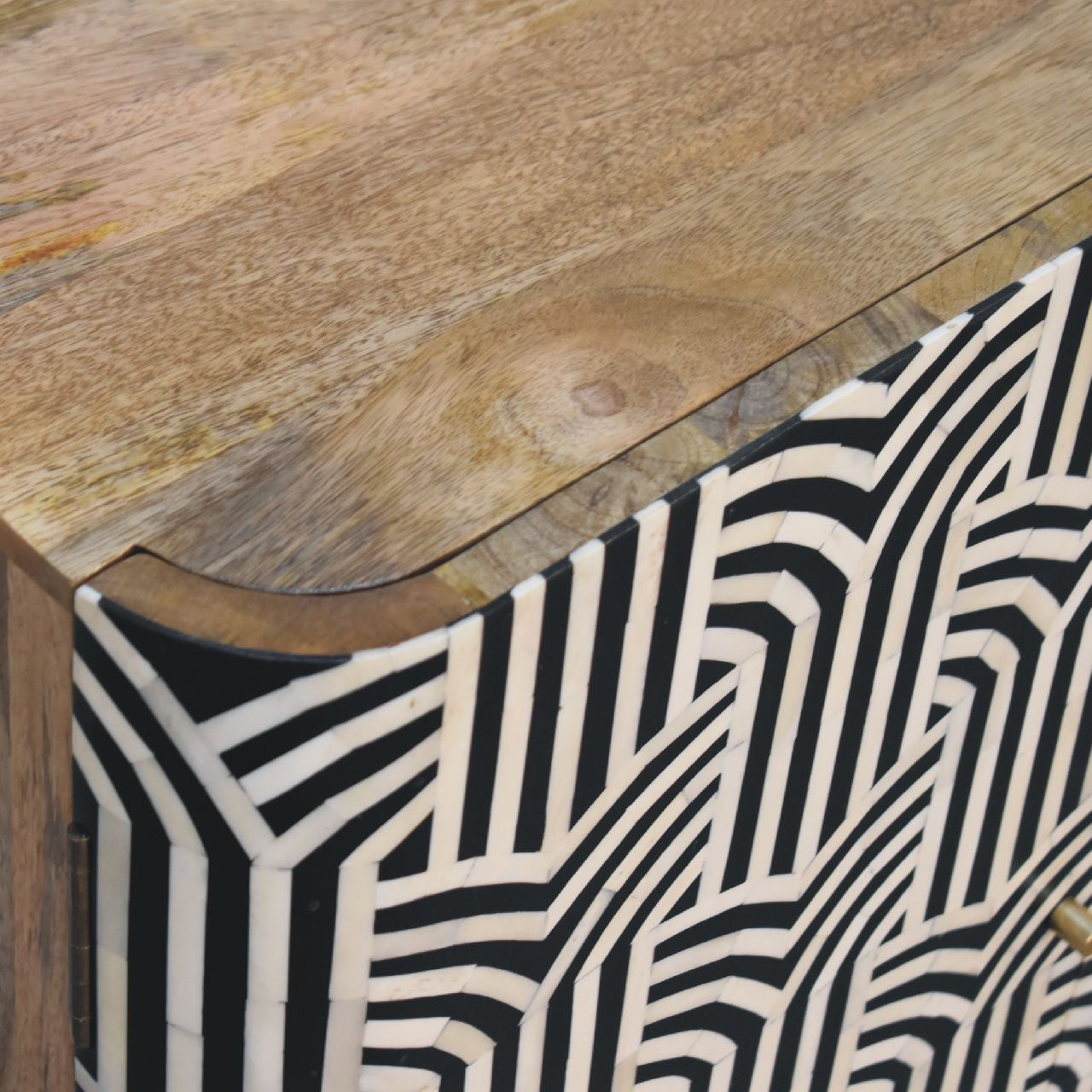 32" Dark Brown Black and White Solid Wood And Inlaid Bone Textured Accent Cabinet With Two Doors
