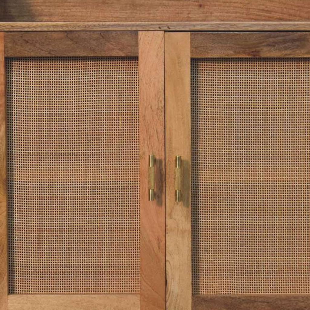 35" Brown Distressed Solid Wood Inlaid Rattan Accent Cabinet With Two Doors