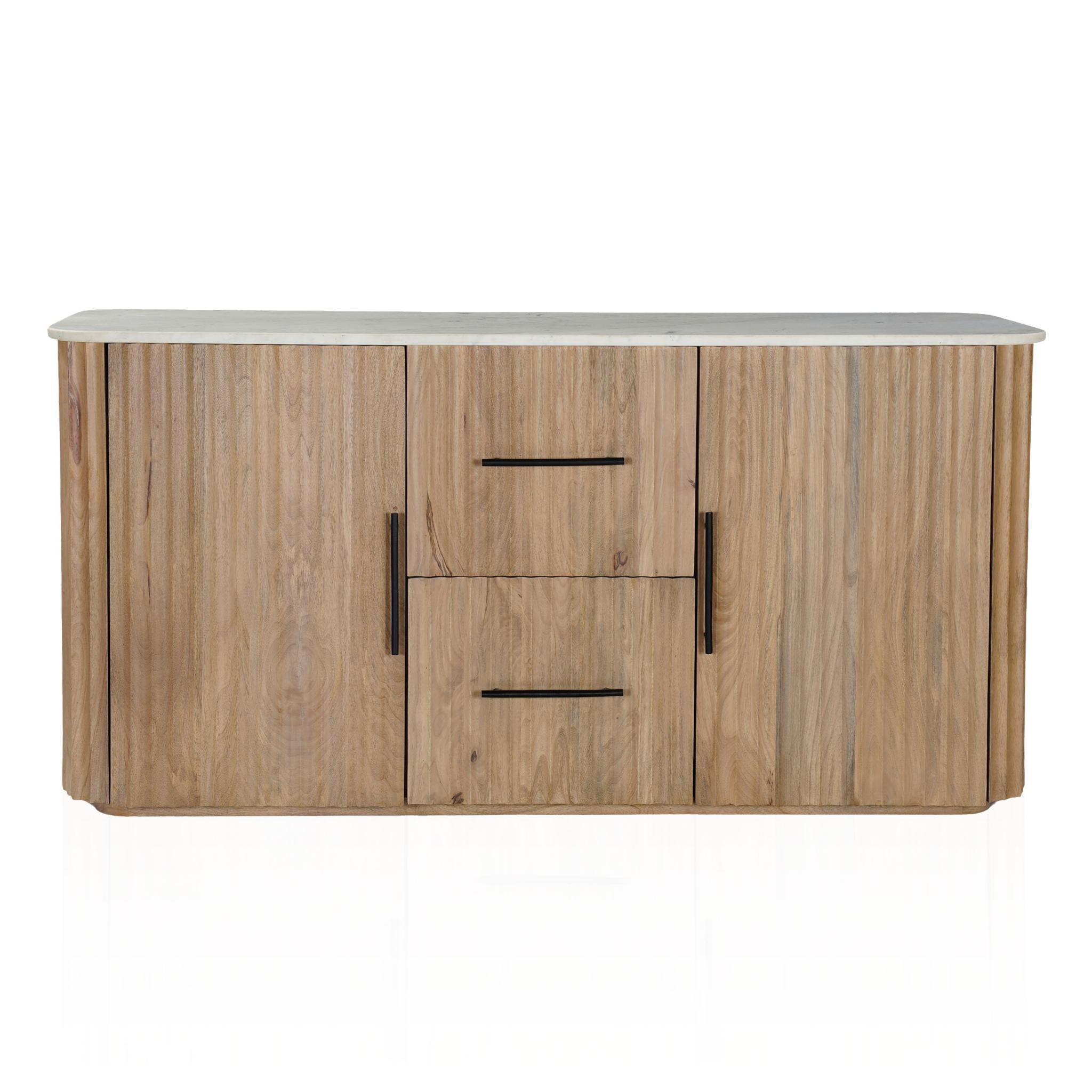 63" Brown And White Solid Wood And Marble Ribbed Texture Sideboard with Two Doors
