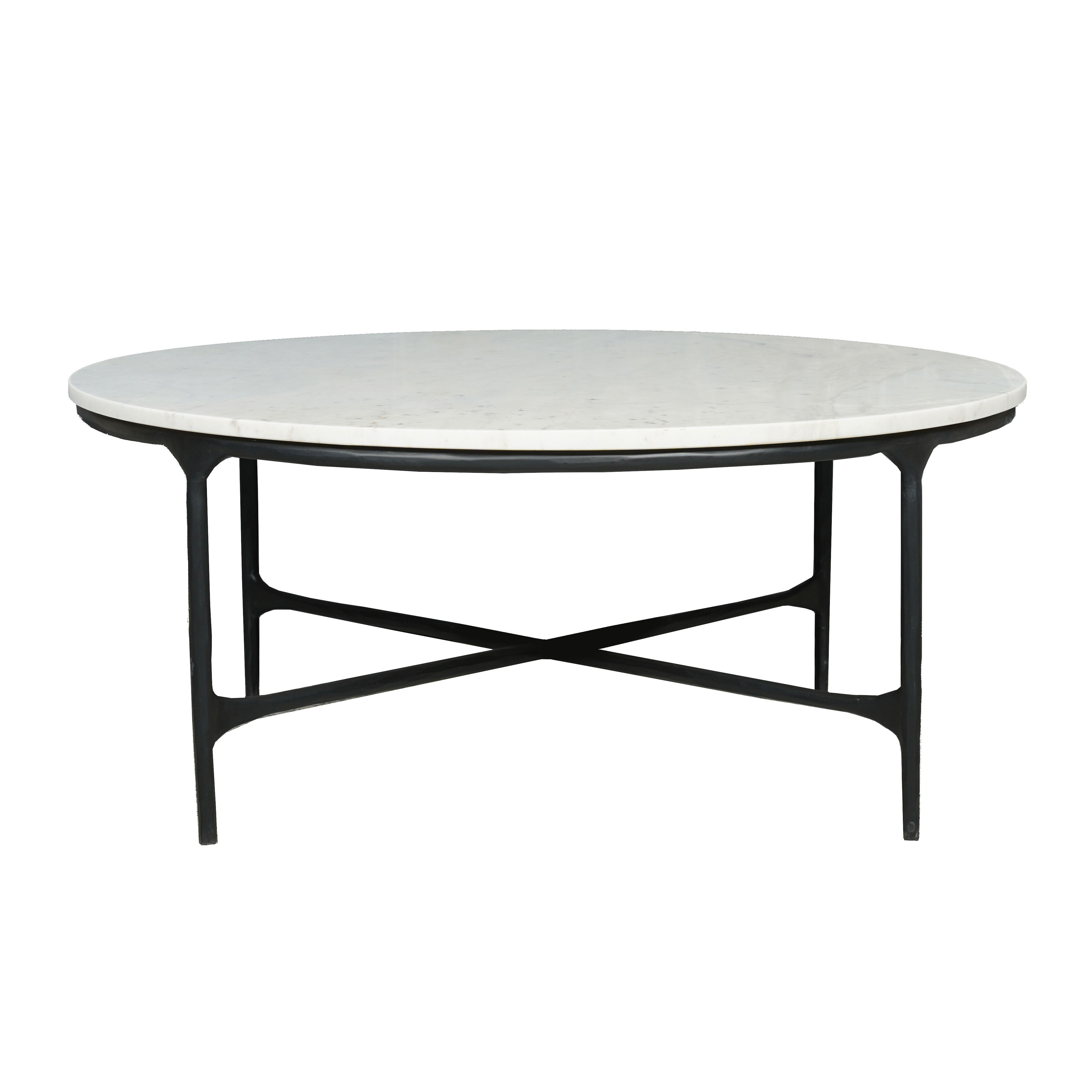 37" White and Black Genuine Marble and Iron Round Cross Legs Coffee Table