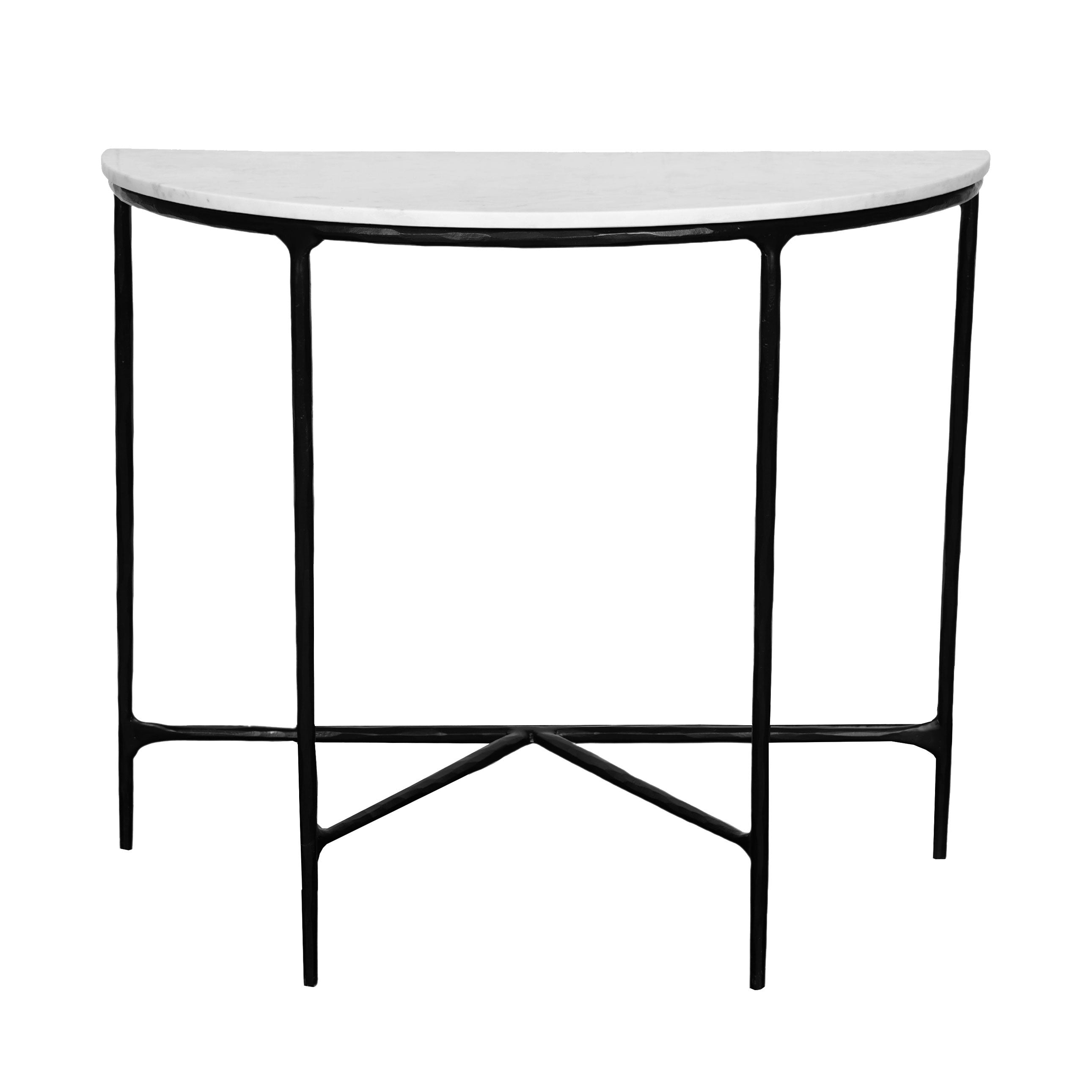 36" White and Black Genuine Marble and Iron Half Moon Console Table