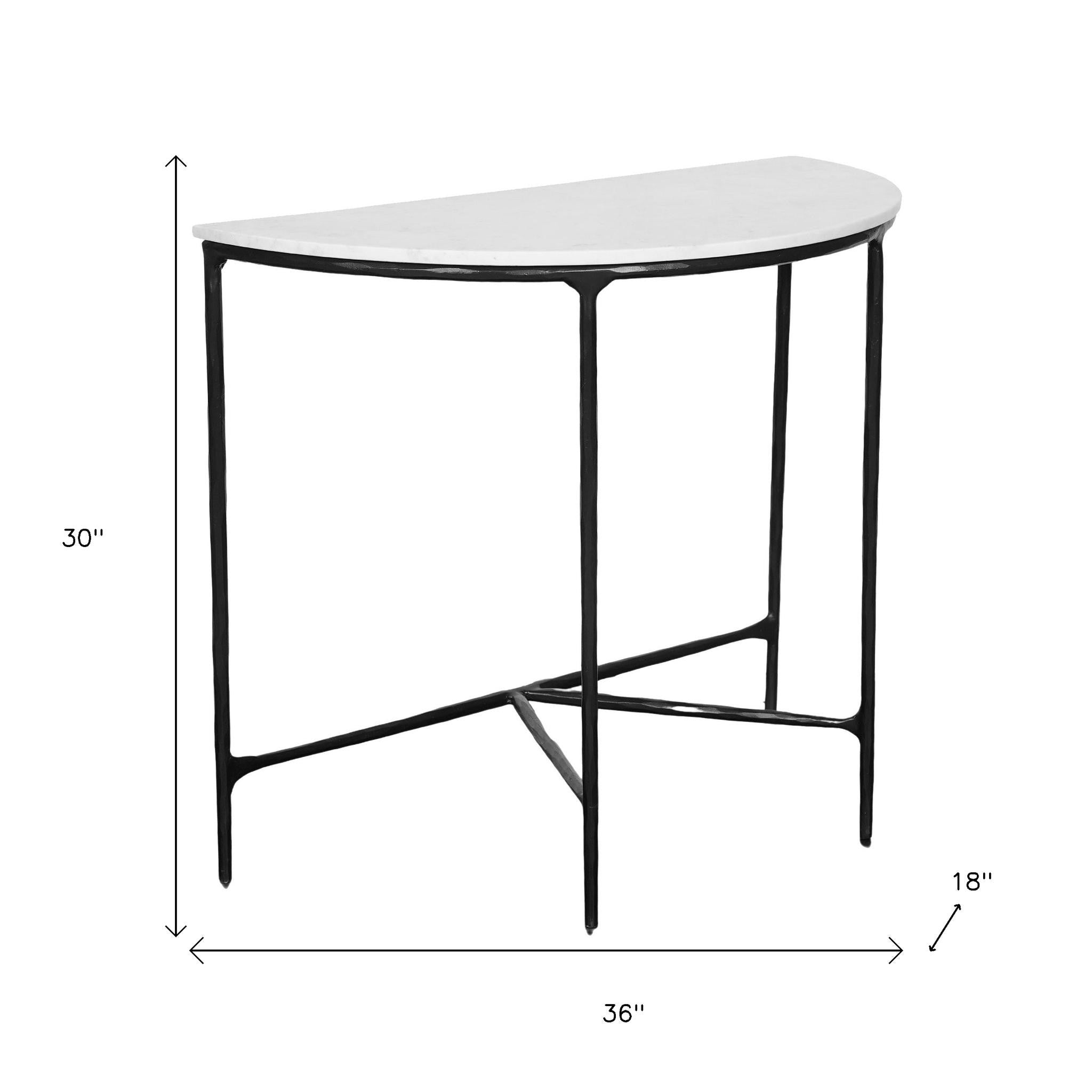 36" White and Black Genuine Marble and Iron Half Moon Console Table