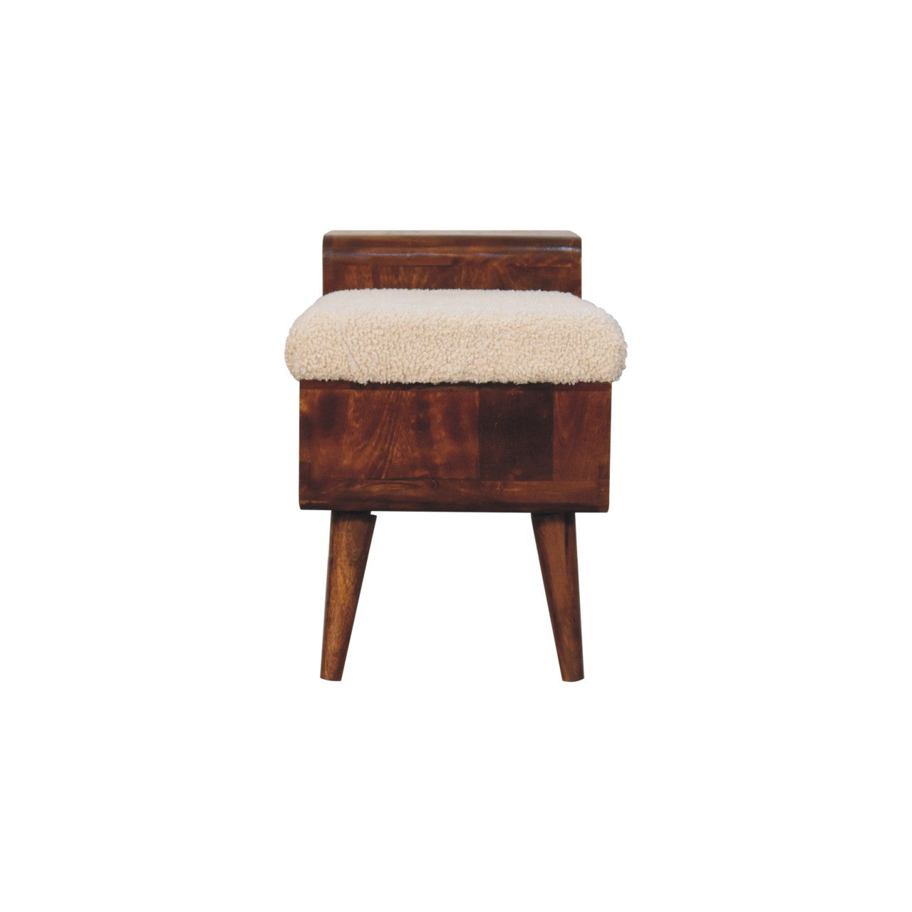 35" Cream and Chestnut Boucle and Solid Wood Upholstered Bench With Cabinet And Shelf