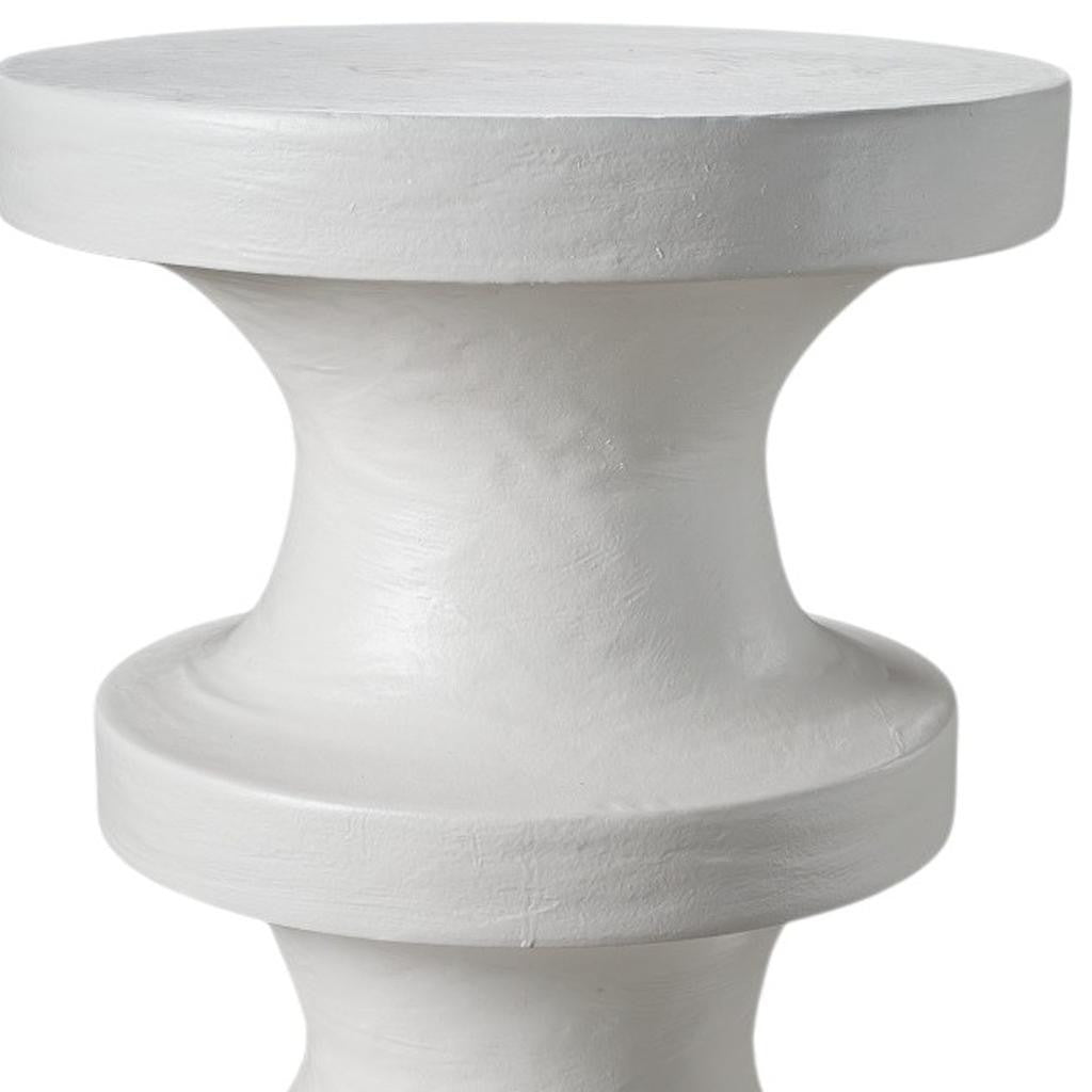 22" Matte White Lime Plaster Round Pedestal End Table