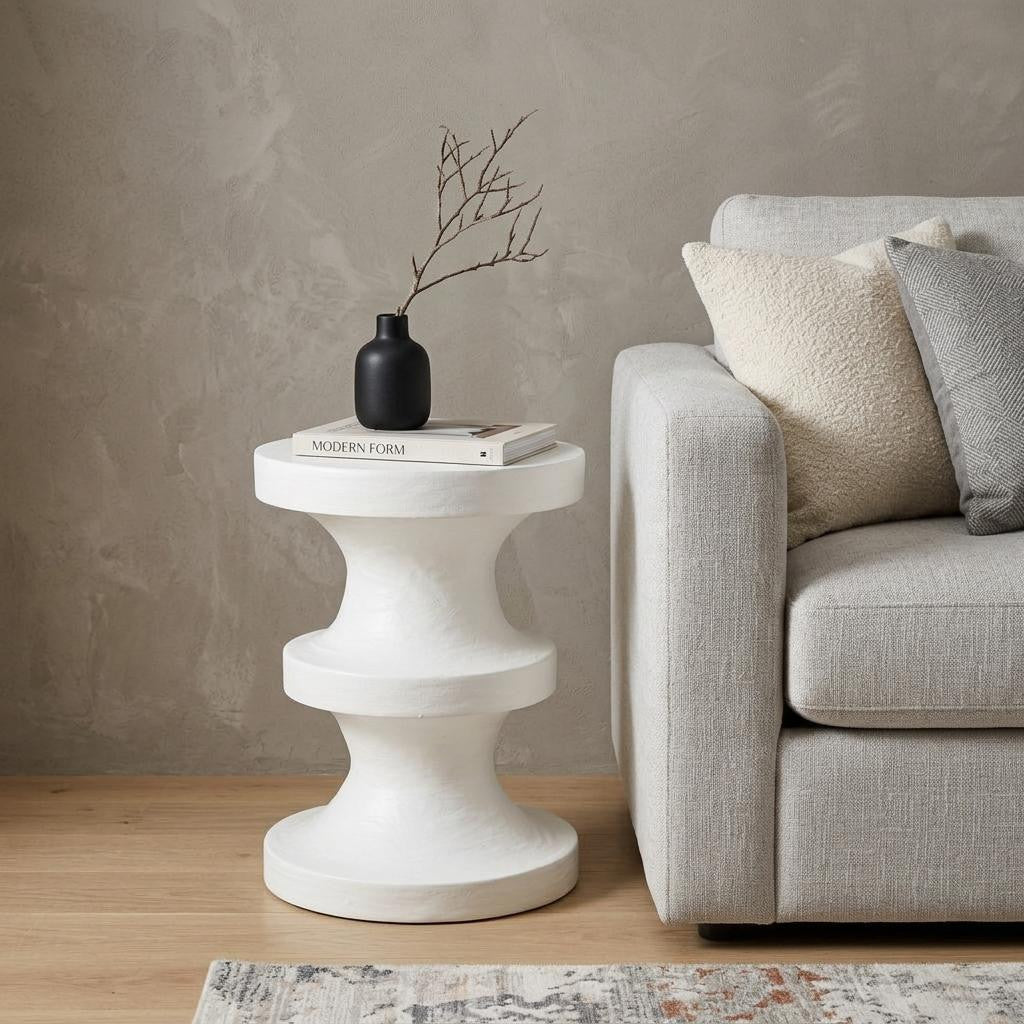 22" Matte White Lime Plaster Round Pedestal End Table