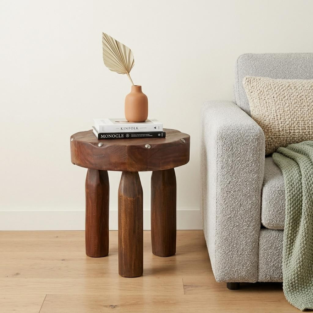 19" Natural Brown Distressed Reclaimed Wood Round End Table