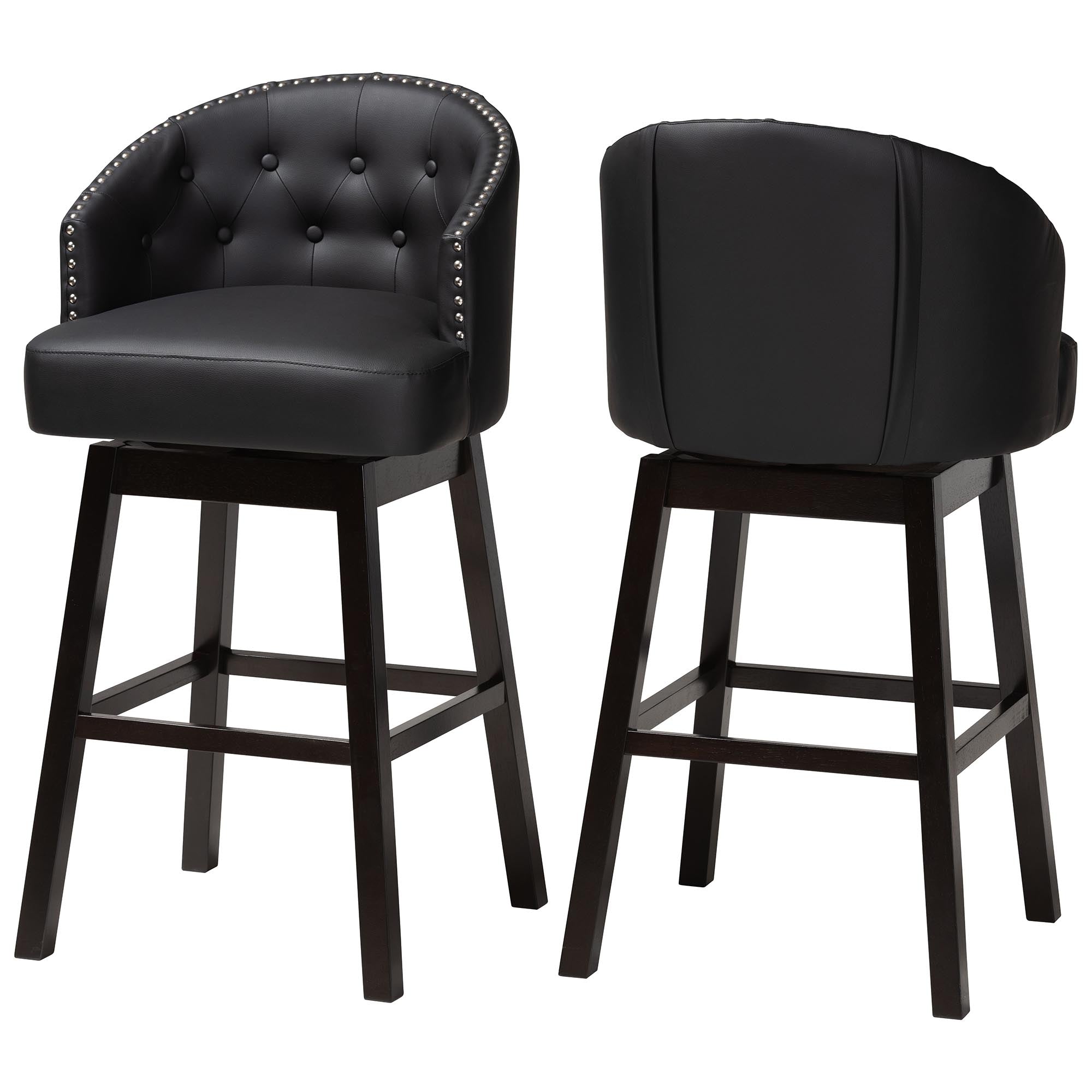 Baxton Studio Avril Modern and Contemporary Black Faux Leather Tufted Swivel Barstool with Nail heads Trim