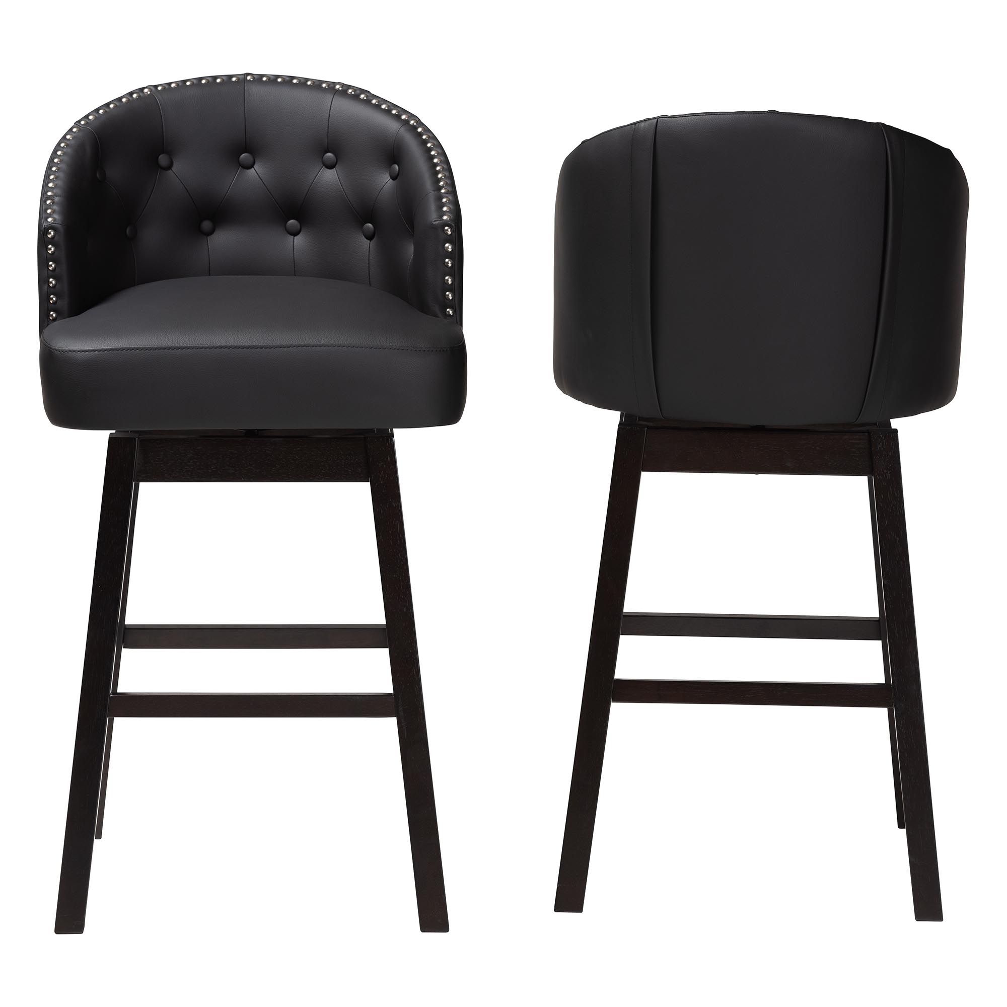 Baxton Studio Avril Modern and Contemporary Black Faux Leather Tufted Swivel Barstool with Nail heads Trim