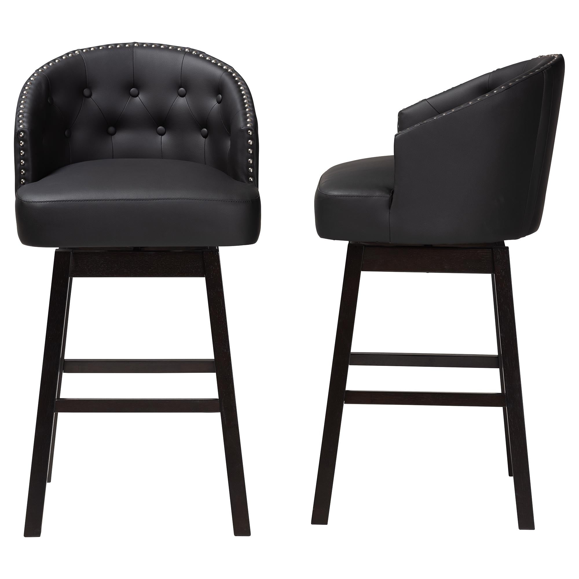 Baxton Studio Avril Modern and Contemporary Black Faux Leather Tufted Swivel Barstool with Nail heads Trim