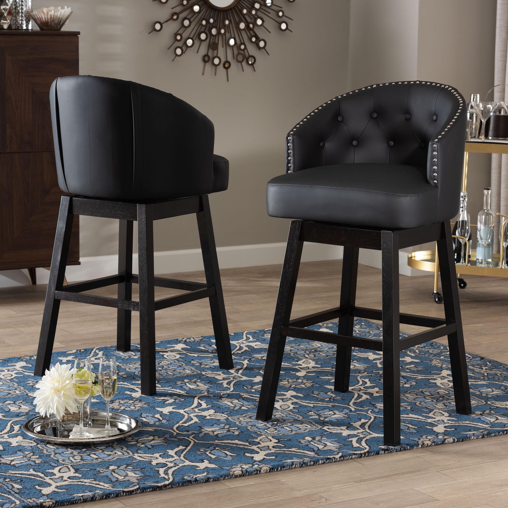 Baxton Studio Avril Modern and Contemporary Black Faux Leather Tufted Swivel Barstool with Nail heads Trim