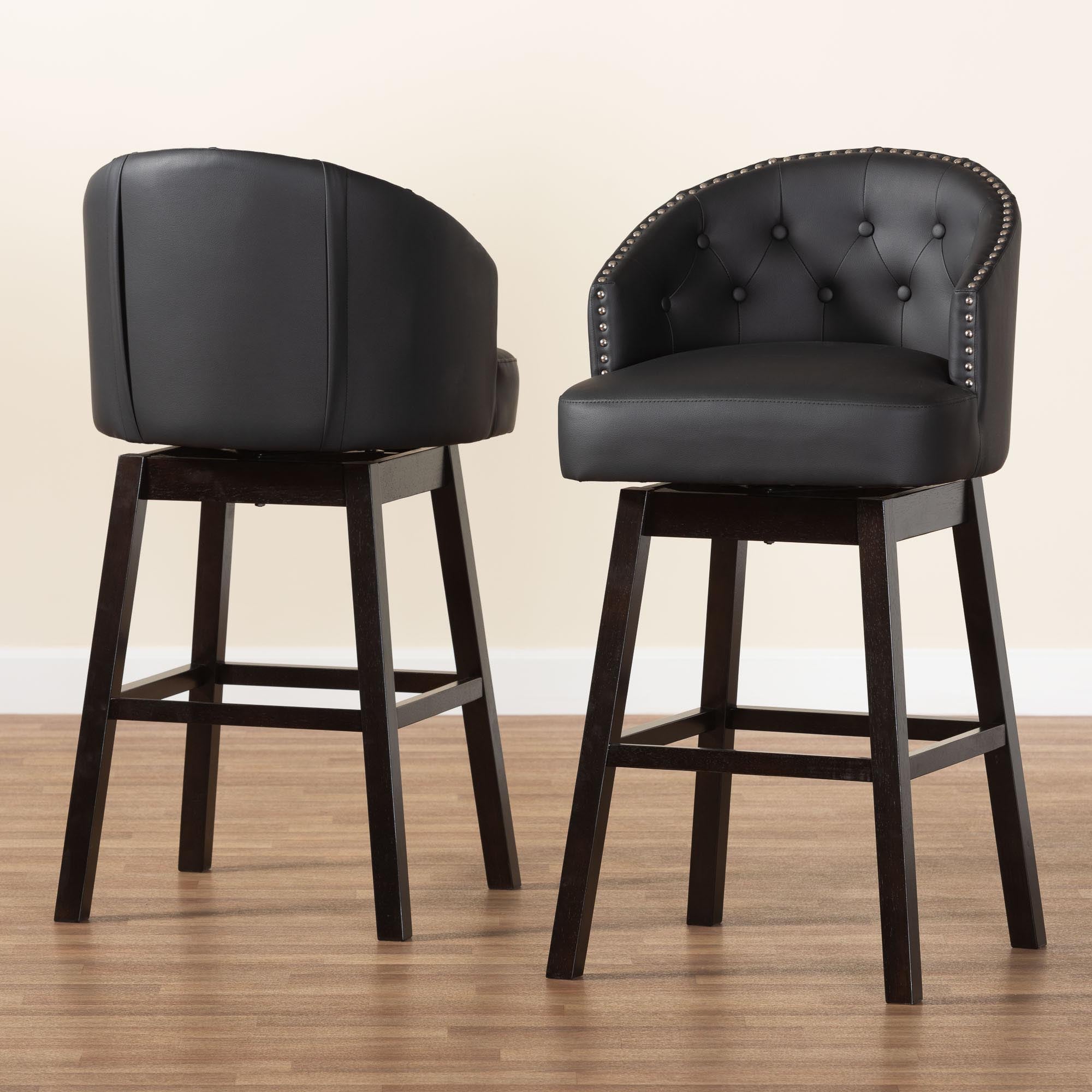 Baxton Studio Avril Modern and Contemporary Black Faux Leather Tufted Swivel Barstool with Nail heads Trim